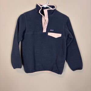 Patagonia Navy Blue with Pink Snap Button Fleece Pullover Sweatshirt Girl's 10